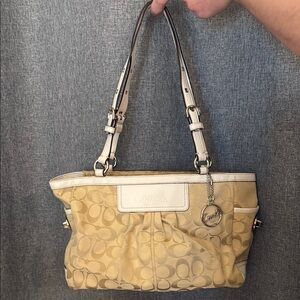 Coach Tan and White Shoulder Bag with Signature Design